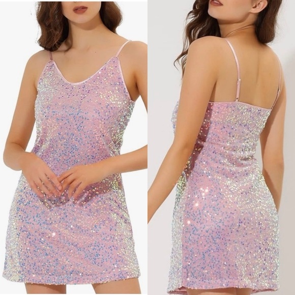 Allegra K Sequin Mini Slip Dress in Iridescent‎ Pink - M - Picture 1 of 12
